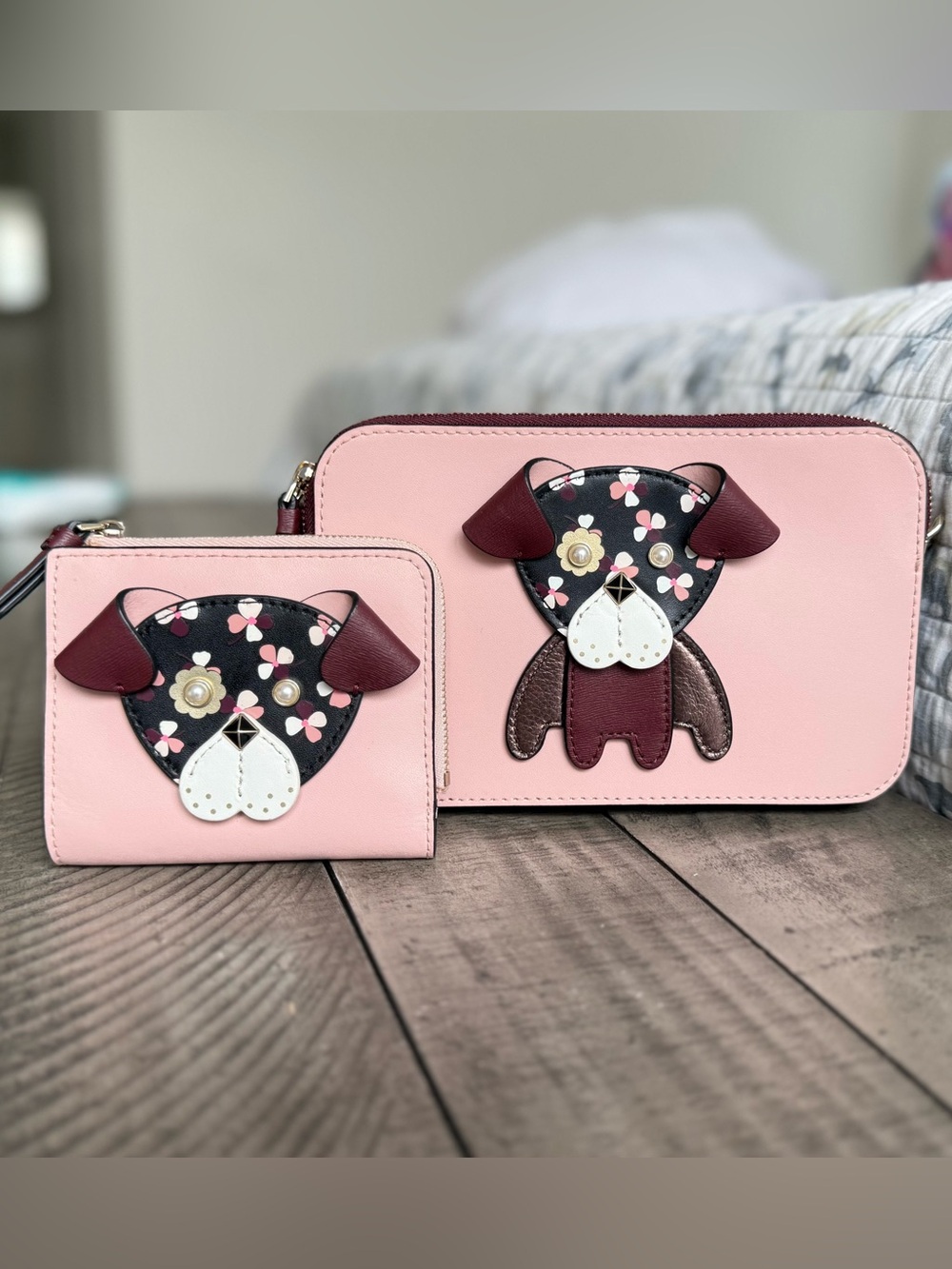 Rare Kate Spade Floral Pup Cherrywood Crossbody Bag with matching novelty wallet